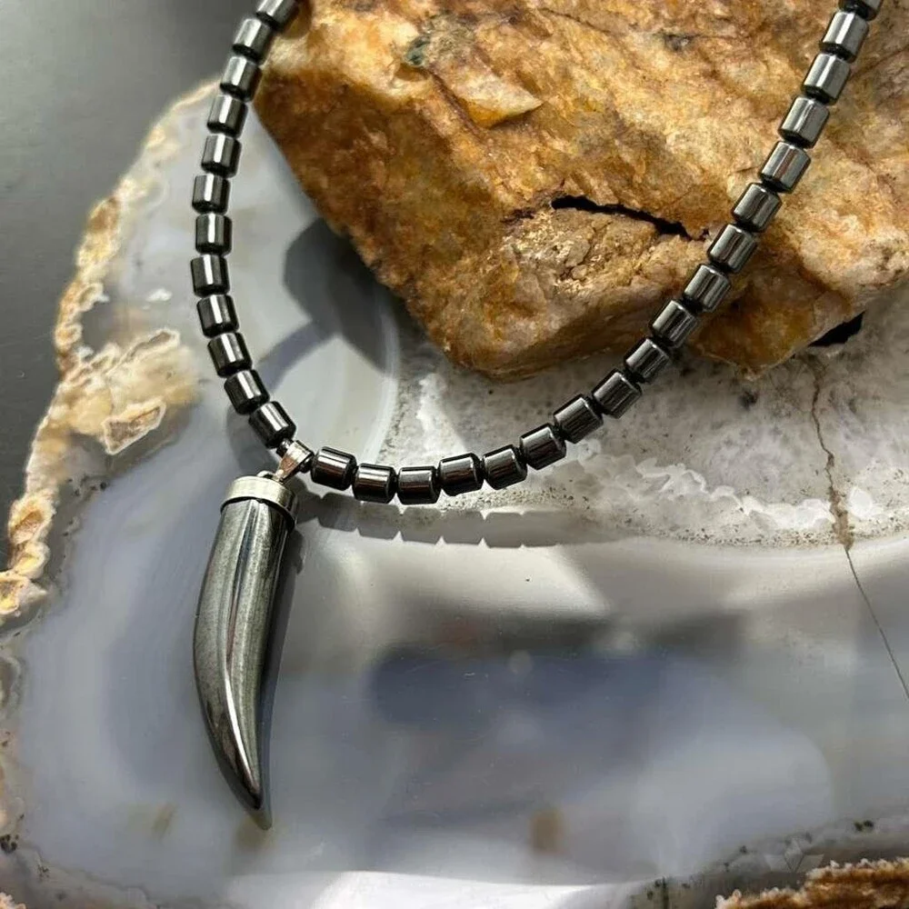 Hematite Beads with Hematite Fang Pendant Unisex 16